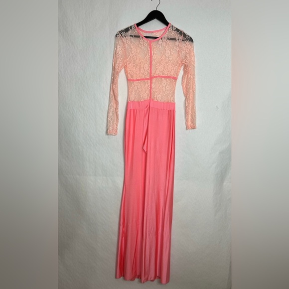 Vintage Sheer Lace Long Sleeve Maxi Dress Flamingo Pink Size Medium Romantic - Picture 8 of 10